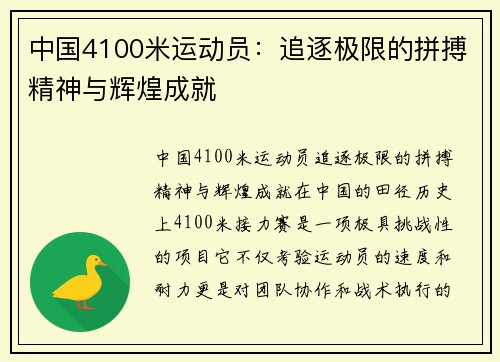 中国4100米运动员：追逐极限的拼搏精神与辉煌成就